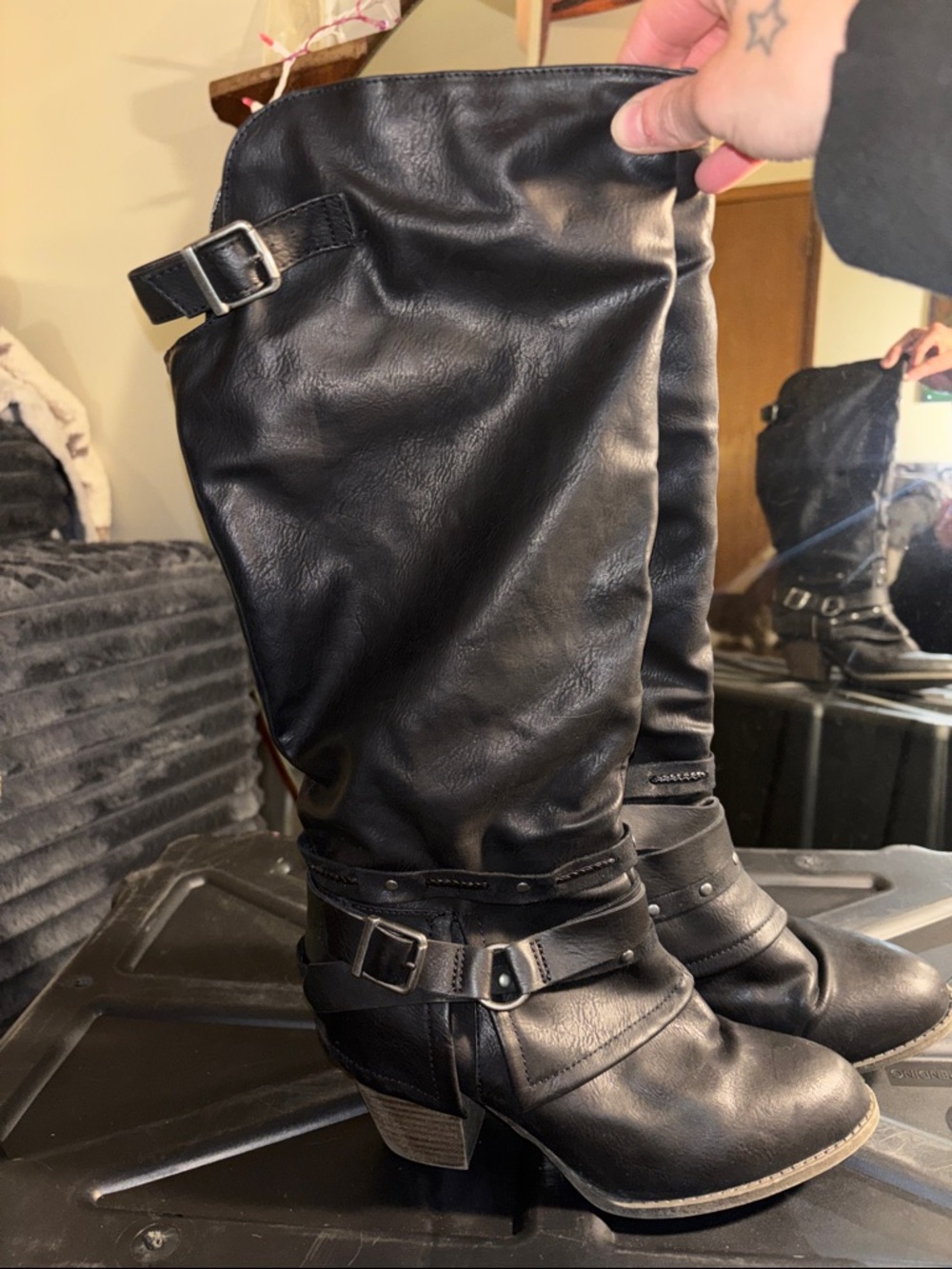 Black Heeled Moto Boots with Buckle Straps